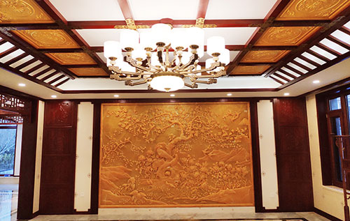 南靖中式别墅客厅中式木作横梁吊顶装饰展示