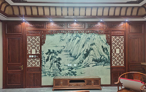 南靖中式仿古别墅客厅背景墙花格木作装饰